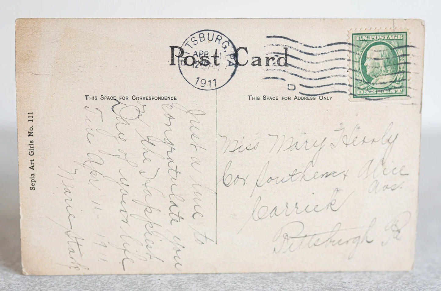 Sepia Art Girls No. 111 Lady in Flower Hat Postcard Posted 1911