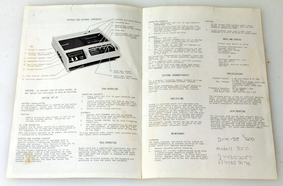 Owners Manual for Califone Tape Player