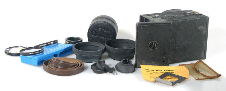 Vintage photography treasure bundle: Brownie camera, cases, straps, lens shades,
