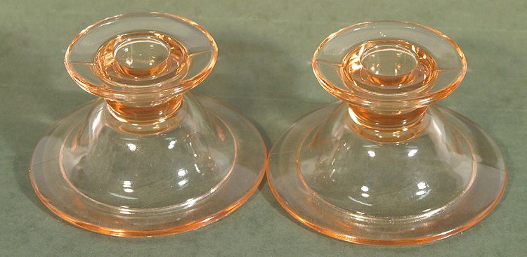 DEPRESSION GLASS, PINK CANDLE STICK HOLDERS, SET OF 2