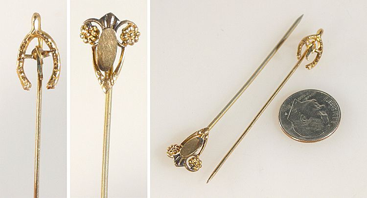 2 STICK PINS, VINTAGE ART DECO, WISHBONE AND FLOWER DESIGN