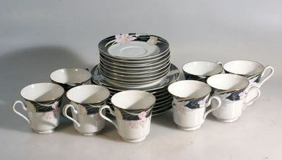 MIKASA Charisma BLACK FLOWER FINE CHINA. 8 X CUPS WITH SAUCERS AND SIDE PLATES