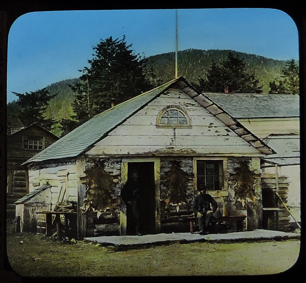 ANTIQUE PHOTO ON GLASS, SITKA, ALASKA, VINT FUR STORE, COLOR TINTED