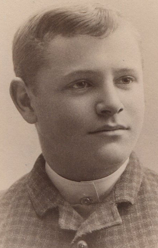 YOUNG MAN, HIGH COLLAR, CHECKERED SUIT. CABINET CARD. ANN ARBOR, MICHIGAN.