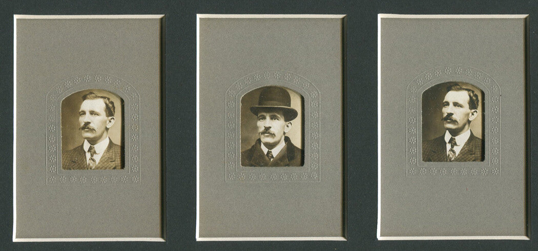 Vintage 3-photo set: mustached man in bowler hat, bareheaded, circa 1890s, silver print portraits, mounted in one mat