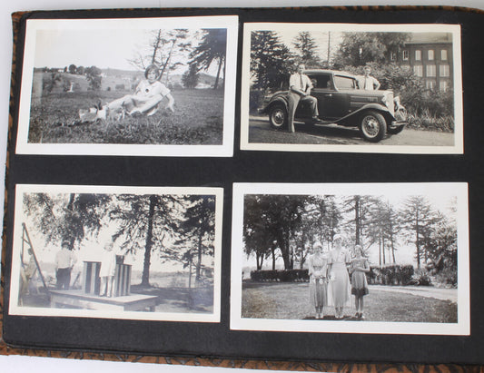 VINTAGE CAR PHOTOS 1920-40, AMERICAN FAMILY LIFE. VINTAGE LEATHER BOUND ALBUM.