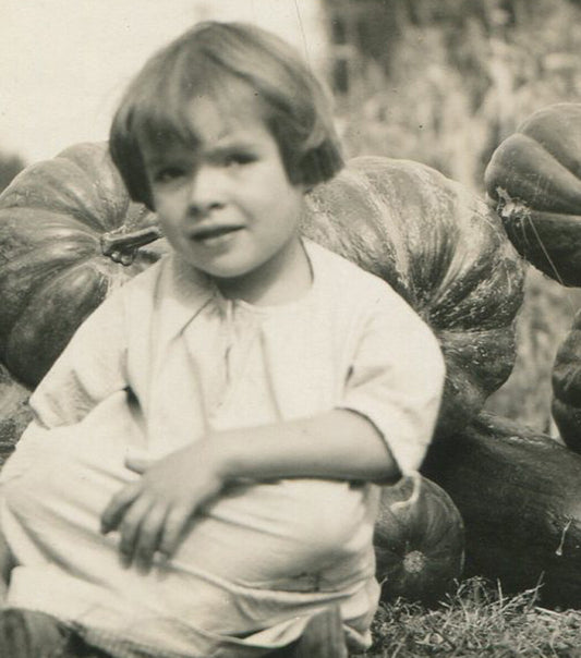 Vintage Silver Print Photo: Young Child in Pumpkin Patch 3.25 x 4.5 inches