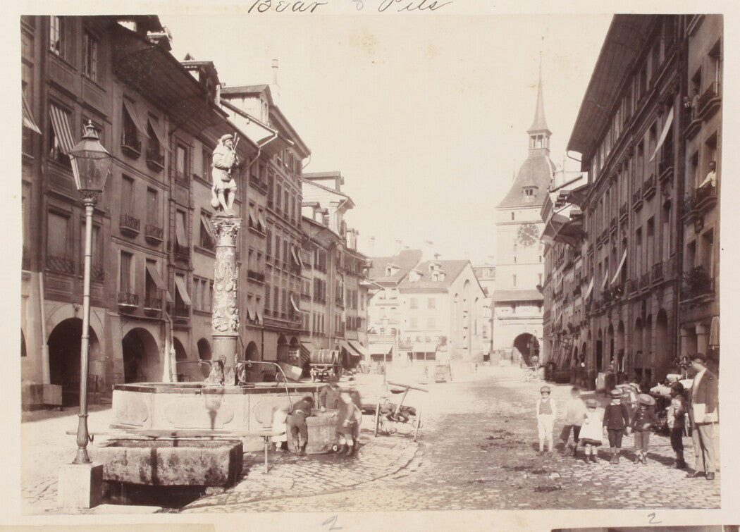 SWISS VILLAGE SQUARE FOUNTAIN. PEOPLE DRAWING WATER. 8x10 reprint