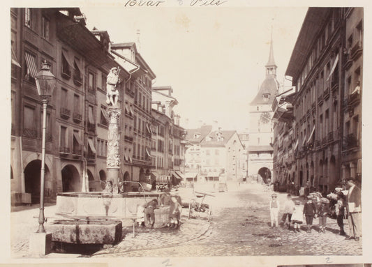 SWISS VILLAGE SQUARE FOUNTAIN. PEOPLE DRAWING WATER. 8x10 reprint