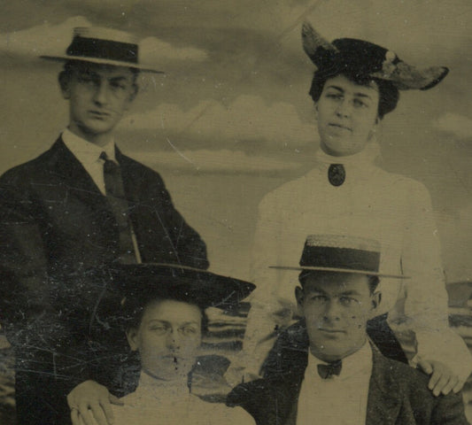 Vintage tintype 1/6 plate group portrait: ladies & men in great hats, ocean backdrop, coastal wall art