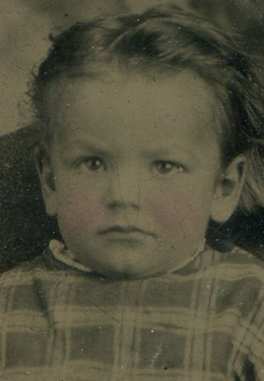Barefoot Toddler Tintype Photo in Plaid Dress on Vintage Period Paper Mat