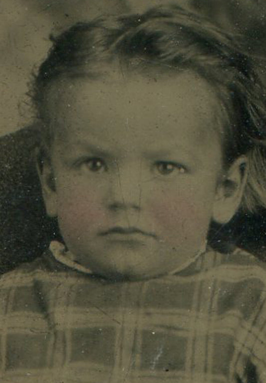 Barefoot Toddler Tintype Photo in Plaid Dress on Vintage Period Paper Mat