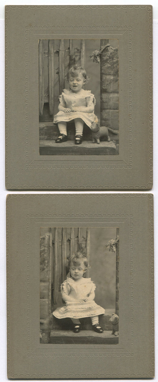 VERY CUTE LITTLE GIRL, NOT SITTING TOO STILL. B W PRINT. 2 SET,1900.