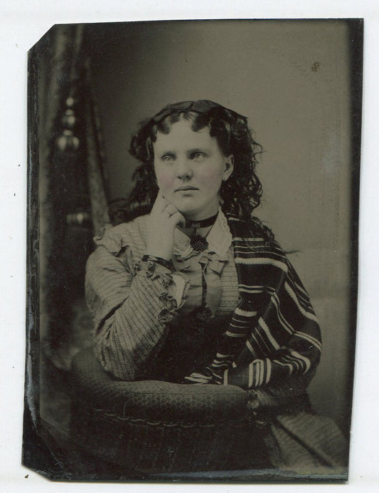 YOUNG WOMAN IN PENSIVE POSE. STRIPED SHAW ON SHOULDER. TINTED, TINTYPE.