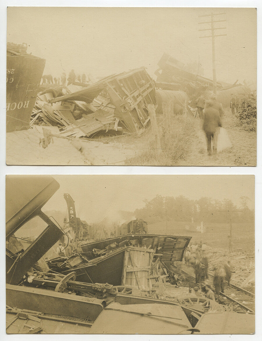 RAILROAD TRAIN WRECK SET OF 2 VINT PHOTOS SHOWING DAMAGE/AFTERMATH