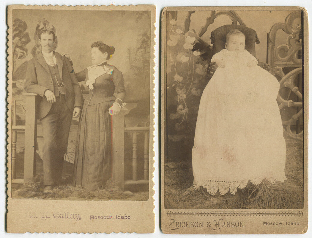 WOMAN POSED W/HAND ON MAN SHOULDER. BABY. CABINET CARD 2 SET. MOSCOW, IDAHO.