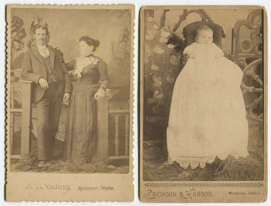 WOMAN POSED W/HAND ON MAN SHOULDER. BABY. CABINET CARD 2 SET. MOSCOW, IDAHO.