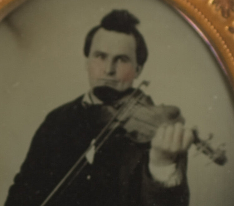TINTED AMBROTYPE PORTRAIT OF VIOLINIST W/ CRAZY HAIR