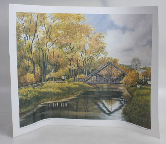 FLORIAN K. LAWTON 18X24 PRINT OF BRIDGE IN AUTUMN FOREST- HAND SIGNED