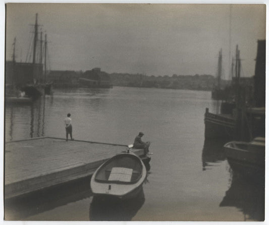 PHOTO PICTORIAL TONED SILVER PRINT. MEN ON DOCK VIEWING TALL SHIPS IN HARBOR.