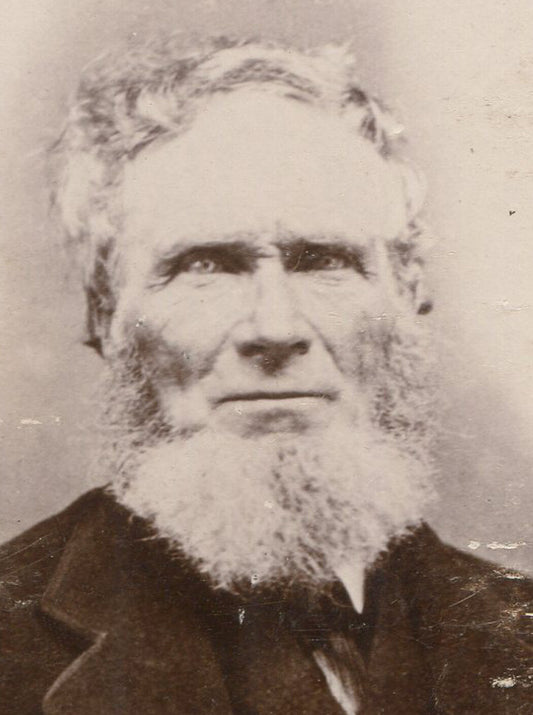 VERY STEARN OLD MAN WITH BIG GRAY CHIN BEARD. HARSH. CABINET CARD.