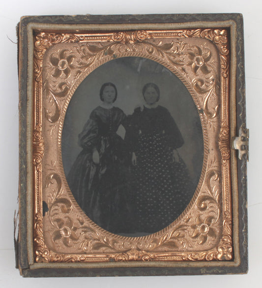 TWO WOMEN, SPECTACULAR DRESSES. CIVIL WAR ERA 6TH PLATE TINTYPE, HALF CASE.