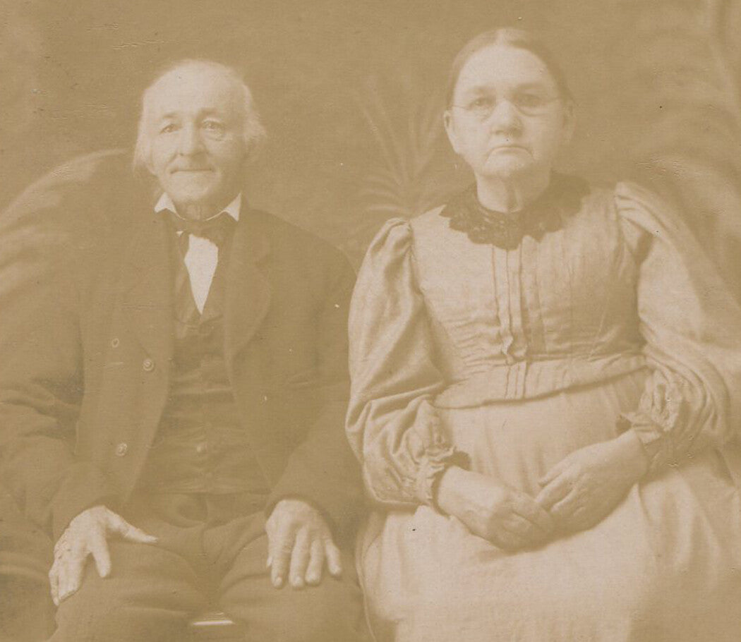 Vintage cabinet card photo of an older couple seated together - original, shows wear
