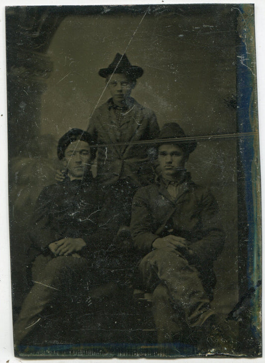 Vintage Tintype Photograph: Three Young Men in Hats Looking Tough