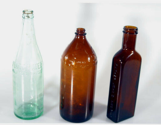 3 VINTAGE BOTTLES, MOONSHINE CHEM, FR. JOHNS PLUTO WATER