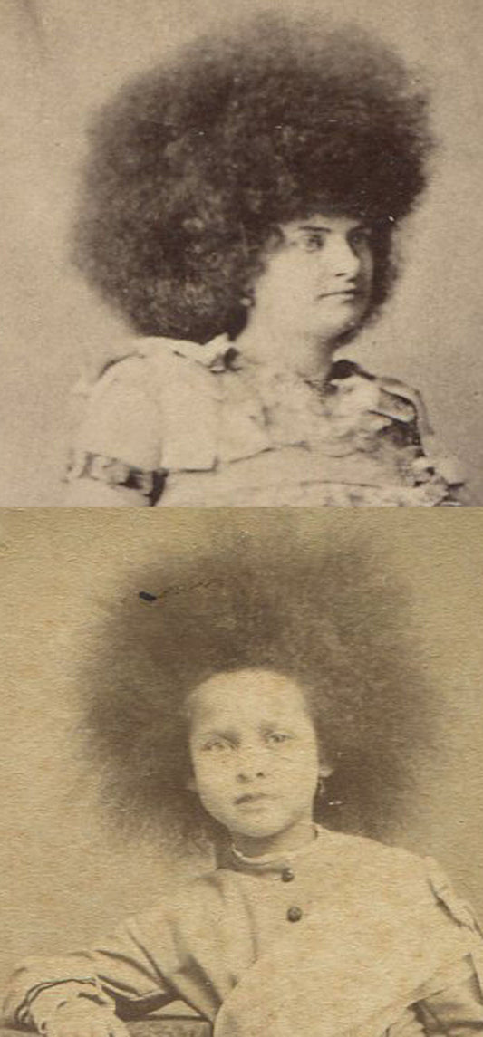 WOMAN & A CHILD WITH CRAZY FRIZZY FAIR. SET OF 2, CDV'S