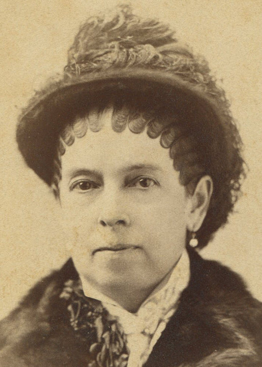 WOMAN IN VERY SEVERE PIN CURLS, FEATHER HAT. CABINET CARD, NEWARK, N.J.