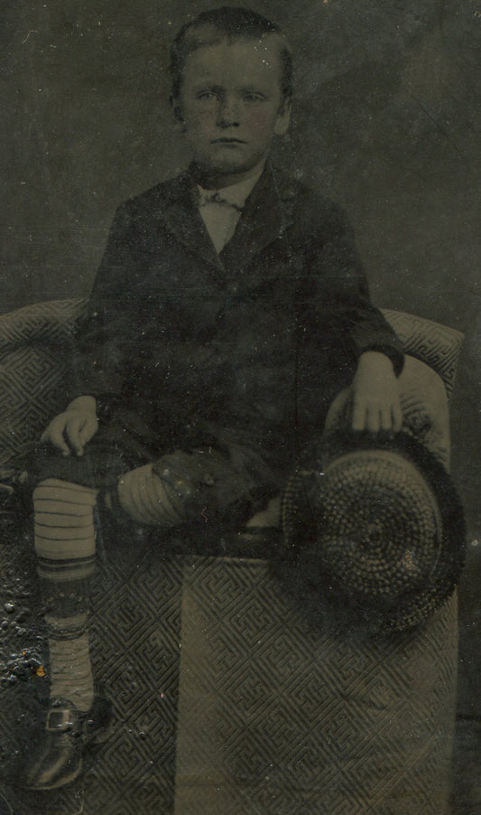 Tintype Portrait: Young Boy in Striped Socks and Hat, Vintage Photo Tintype