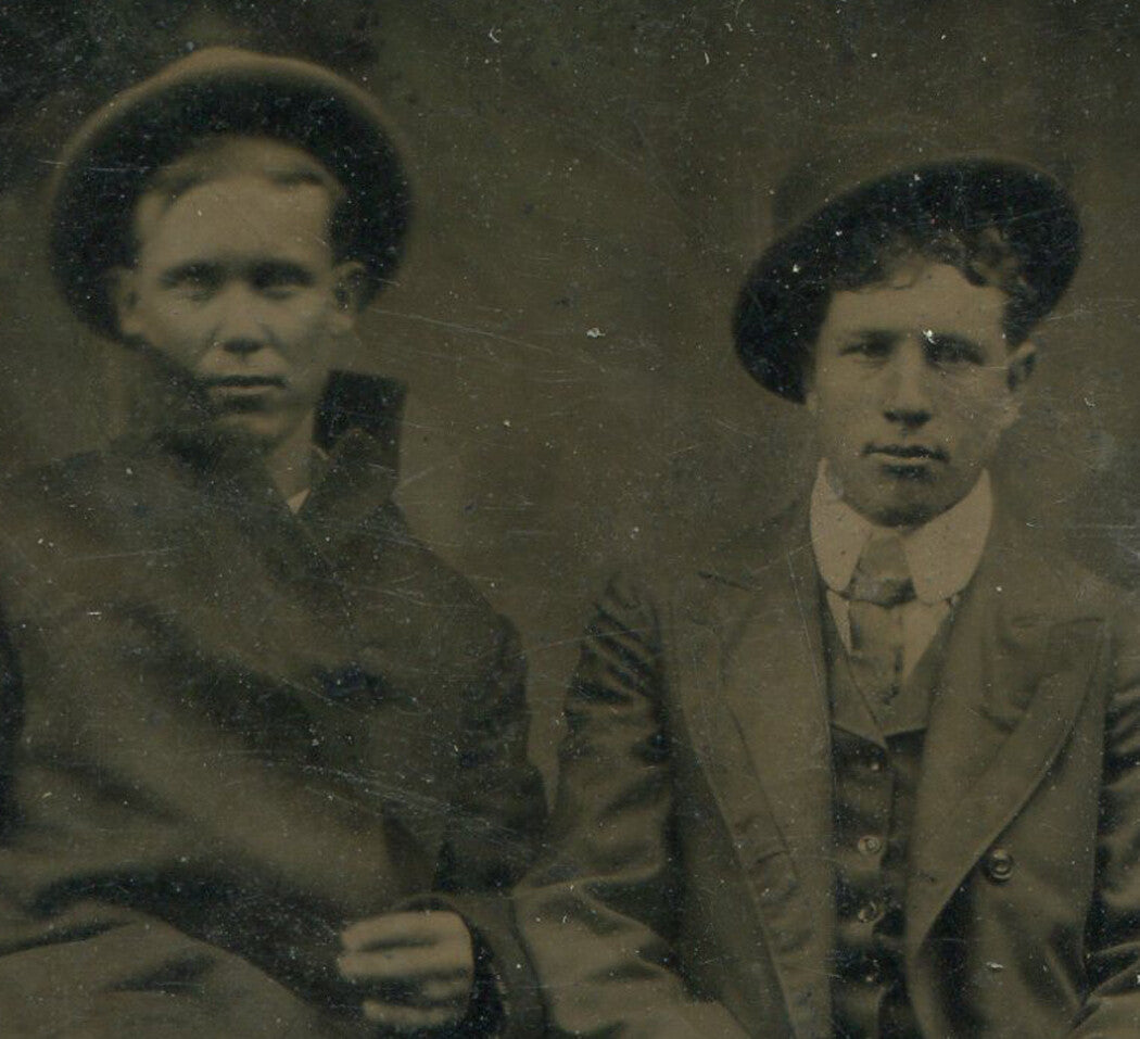 Tintype Photograph - Young Men with Heavy Coats Hats Cigars - Vintage Rare
