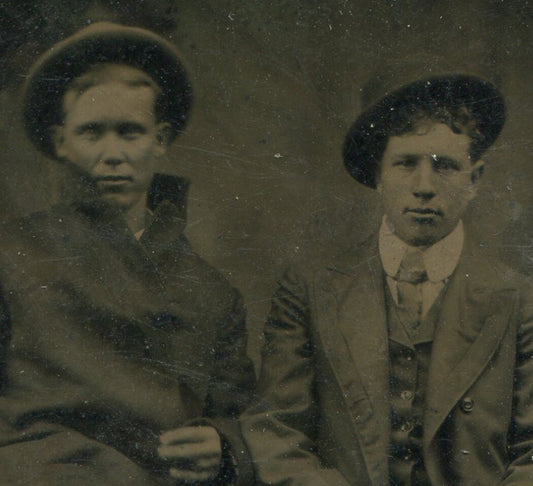 Tintype Photograph - Young Men with Heavy Coats Hats Cigars - Vintage Rare