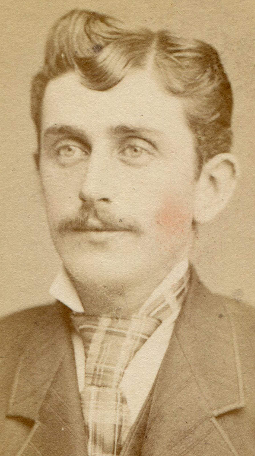 HANDSOME MAN WITH CRAZY BANGS, COOL PLAID TIE. CDV.