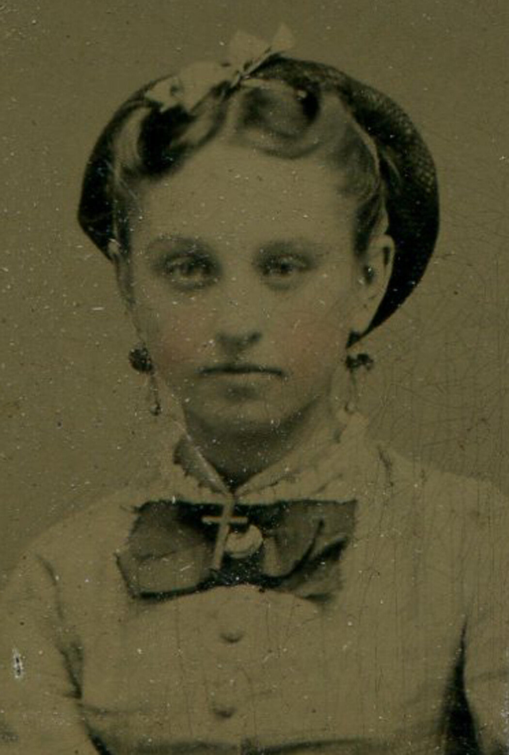 Tintype Photo Pretty Young Woman with Crucifix Bow Tie Ring on Period Mat