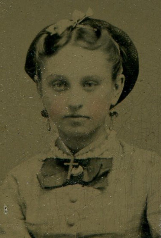Tintype Photo Pretty Young Woman with Crucifix Bow Tie Ring on Period Mat