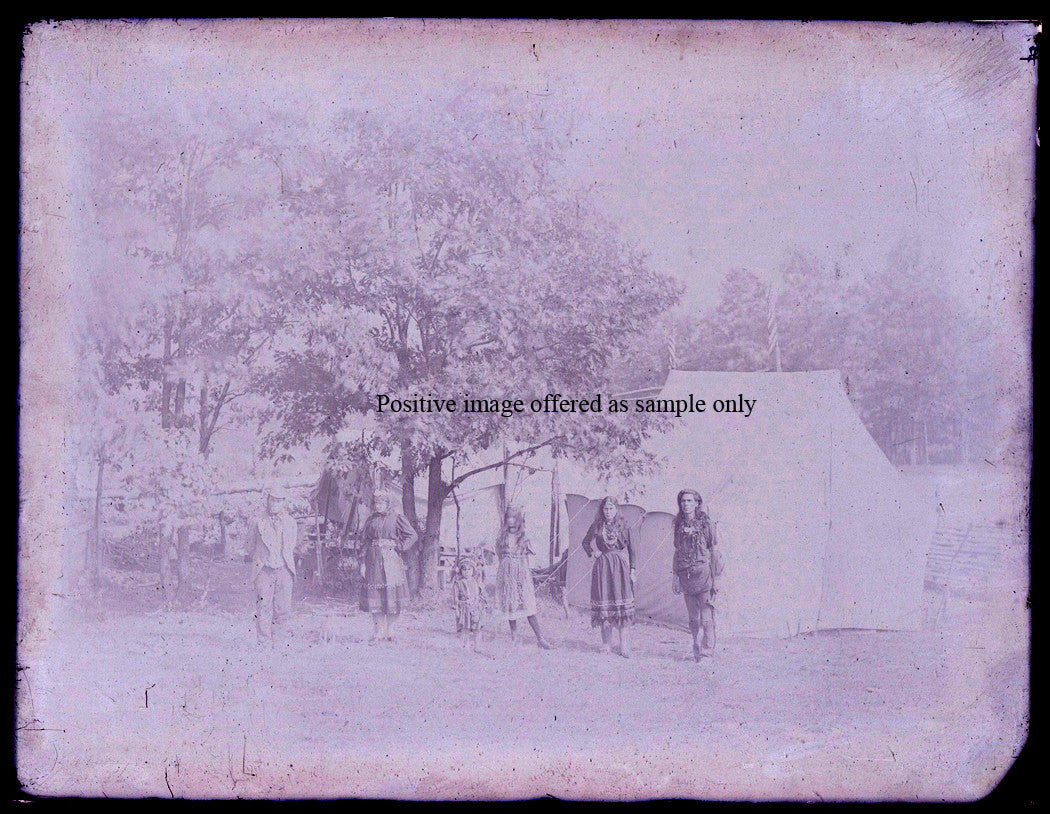 NATIVE AMERICAN FAMILY IN RURAL SETTING. GLASS PLATE NEGATIVE, 8.5 X 6.5 INCHES.