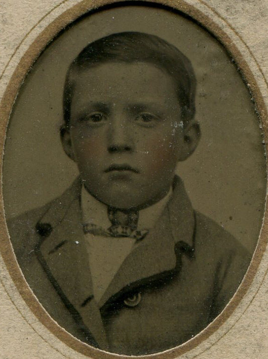 Tinted Tintype Photo with Paper Mat Square Faced Boy 4x2.5 in Vintage Portrait