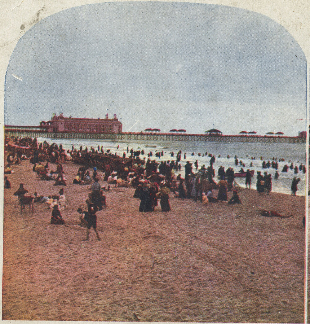 VINT PHOTO OF ATLANTIC CITY, NJ, PEOPLE ON BEACH, COLOR STEREOVIEW