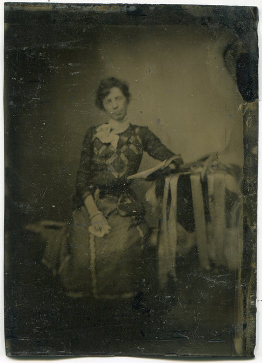 Antique Tintype Photograph Woman Seated Posed Holding Book Portrait Era