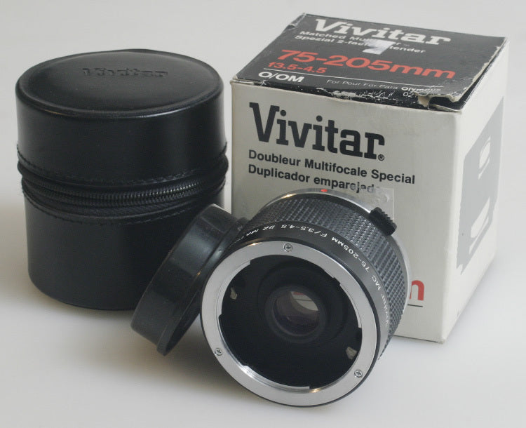 VIVITAR 75-205MM 2X MATCHED MULTIPLIER FOR OLYMPUS OM IN BOX AND CASE