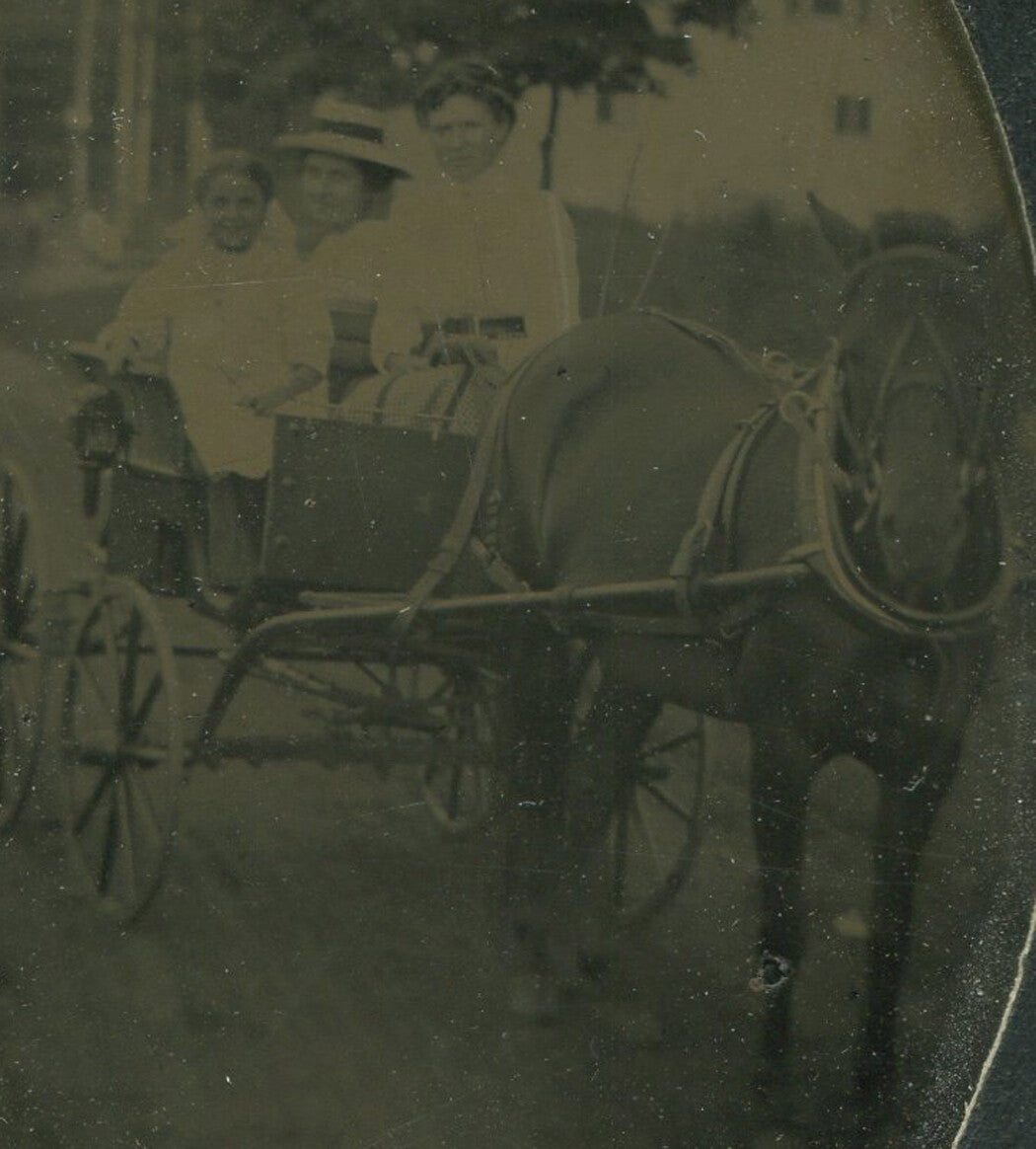 WOMEN AND SMILING CHILE ON HORSE DRAWN BUGGY. TINTYPE IN MAT.