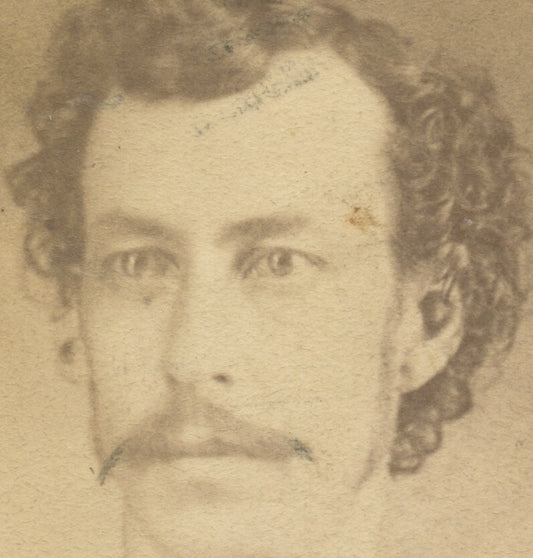 CDV STUDIO PORTRAIT MAN W/ CURLY HAIR + WISPY MUSTACHE