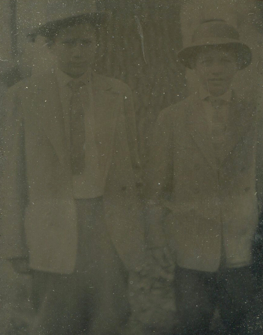 YOUNG BOYS IN SUITS/HATS, LOOKIN GANGSTA. TINTYPE IN PERIOD PAPER MAT.