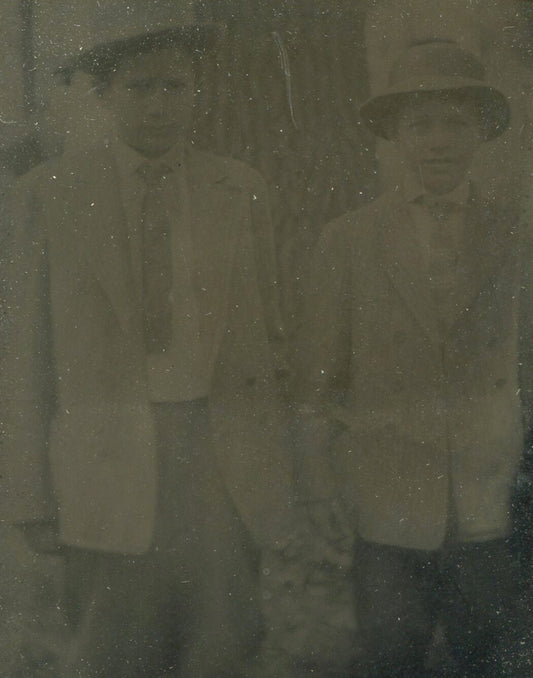 YOUNG BOYS IN SUITS/HATS, LOOKIN GANGSTA. TINTYPE IN PERIOD PAPER MAT.