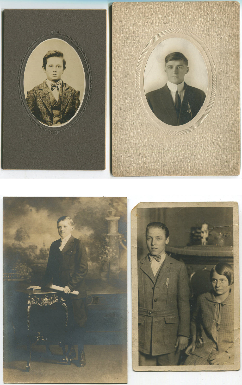 Vintage 4-photo Set: 1910s Boys, Young Men & Siblings Portraits, 3.5x2.5-6x4 in