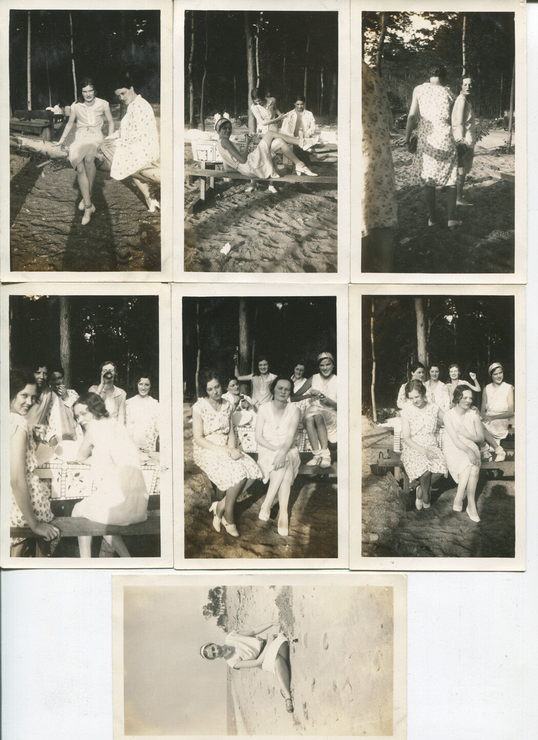 WOMAN HAVING A PICNIC NEAR THE BEACH. 7 SET B W PRINTS. 1950s.