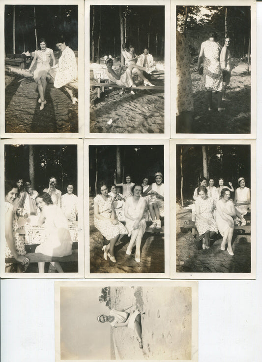 WOMAN HAVING A PICNIC NEAR THE BEACH. 7 SET B W PRINTS. 1950s.