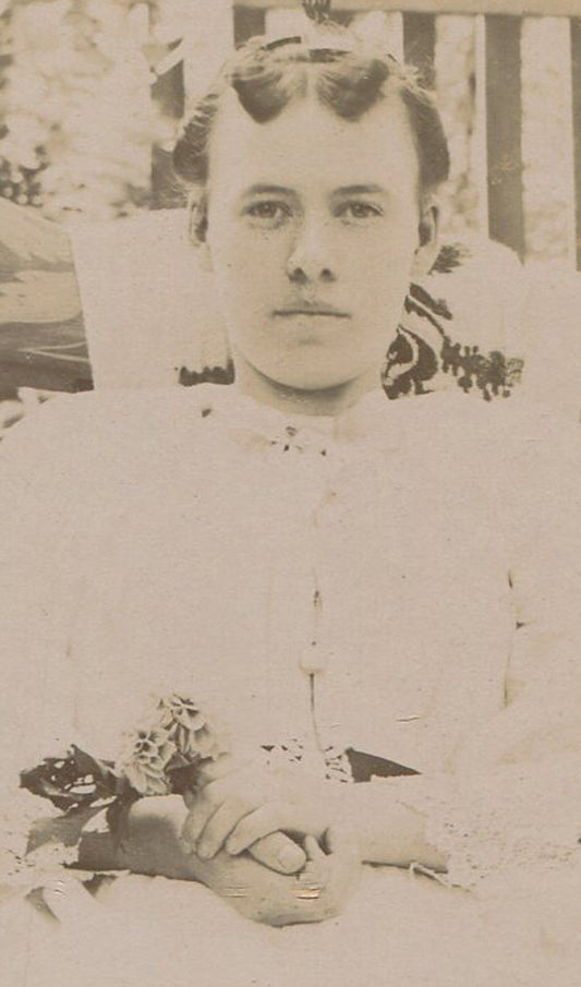 WOMAN SITTING IN THE GARDEN LOOKING LIKE A BOSS. CABINET CARD. LOVESVILLE, PA.